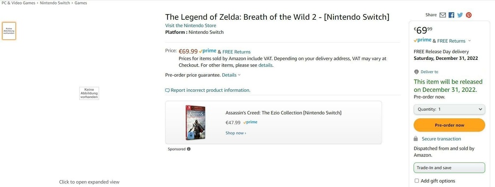 Zelda Breath of the wild 2 on Amazon
