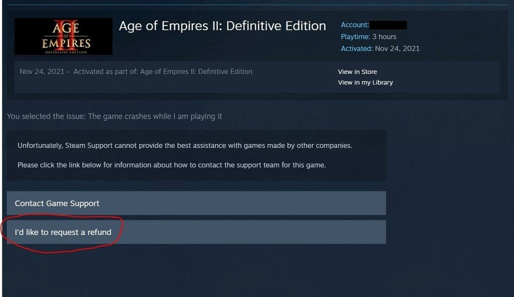 I´d like to refund a game - Steam